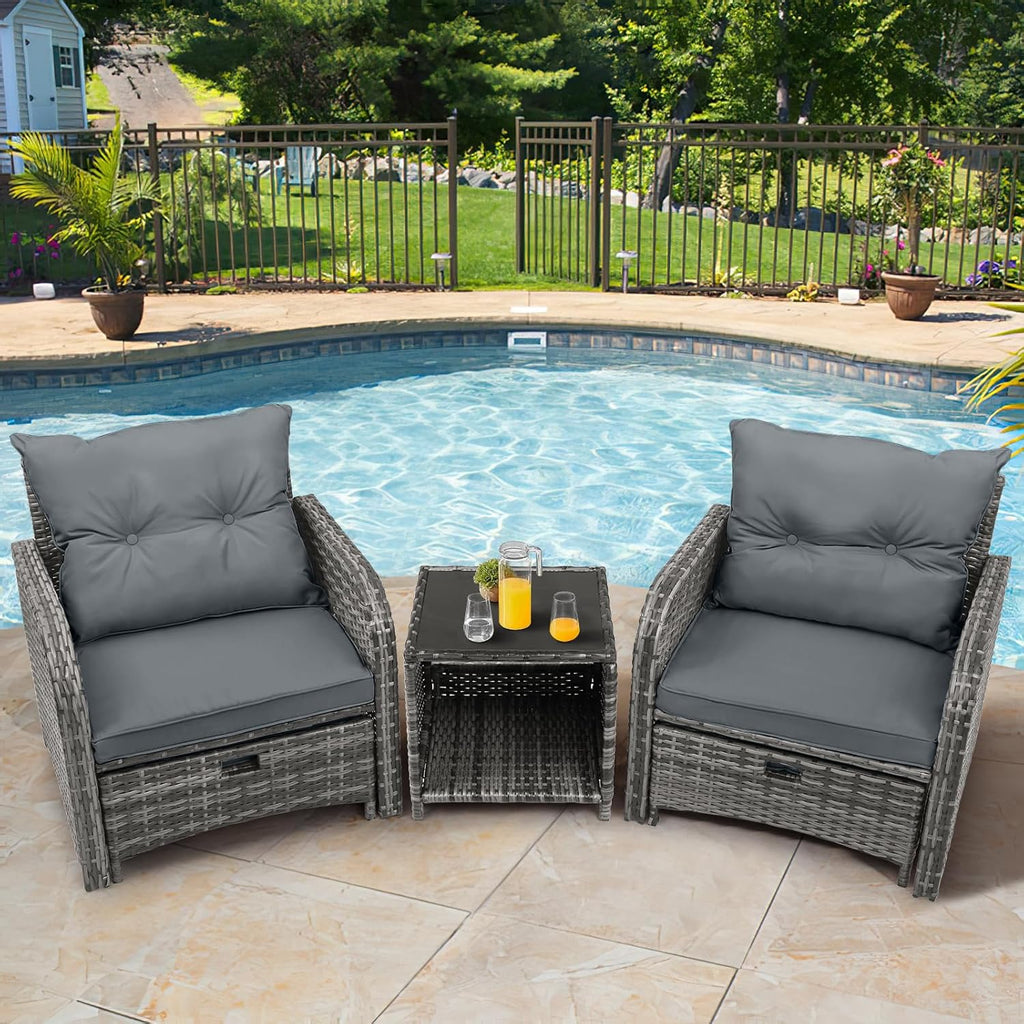 Patio Chair with Ottomans and Table, 5 Piece PE Wicker Rattan Outdoor Patio Furniture Set, Space Saving Design Outdoor Chairs with Ottomans Set for Balcony Poolside Front Porch Deck, Grey