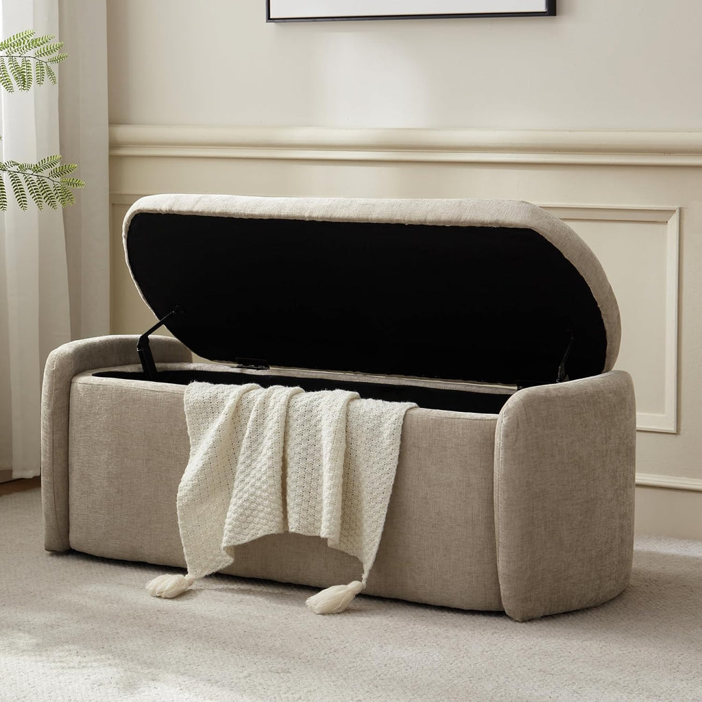 VKNOW Storage Bench, Upholstered Storage Ottoman Bench with Hinge, Khaki | Ottoman Bench with Large Capacity, Curved Frame, Soft Fabric, Storage Bench for Bedroom, Living Room, Entryway