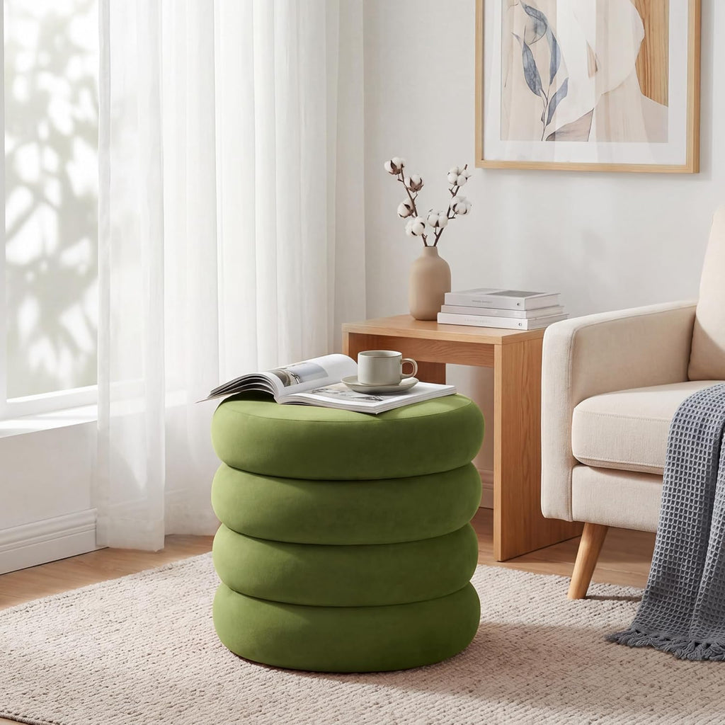 Velvet Storage Ottoman Set of 2, Compact Round Tufted Pair with Removable Lids for Lounge, Dorm and Entryway, Olive Green