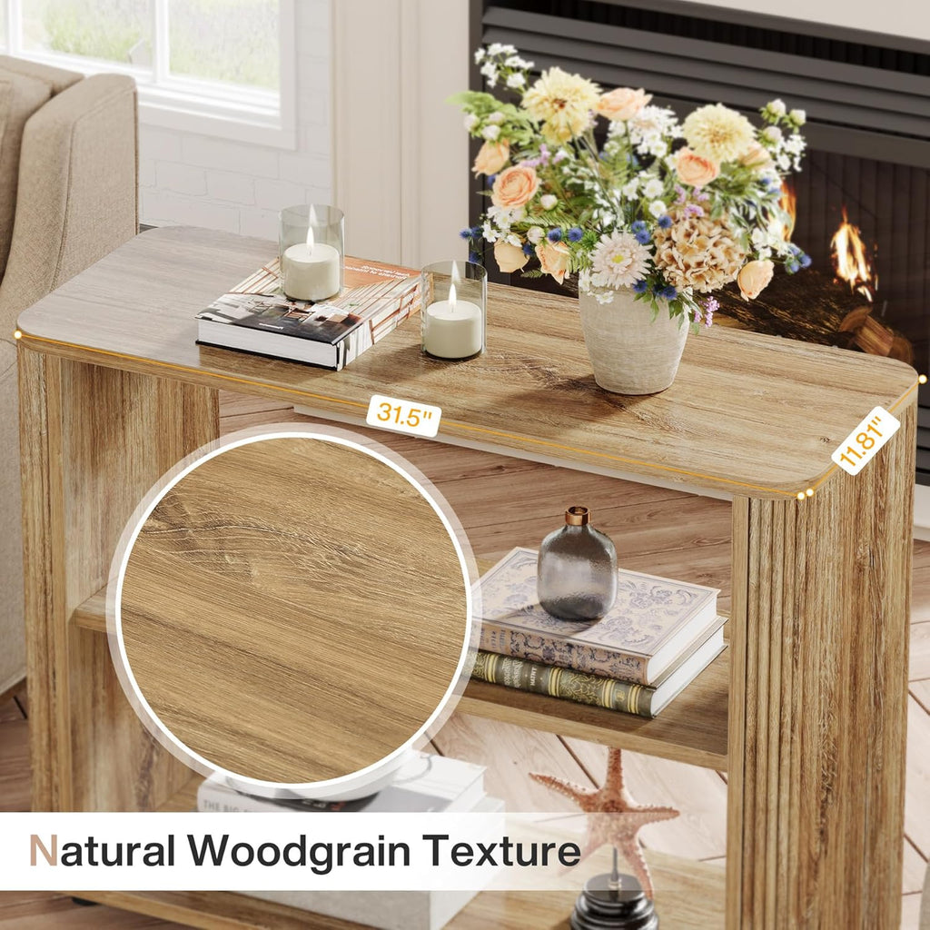 Tribesigns Narrow Side Table, 3-Tier End Table for Living Room, Small Fluted Nightstand with Storage Shelves, Farmhouse Bedside Table for Bedroom, Small Spaces, Sofa Couch, Natural