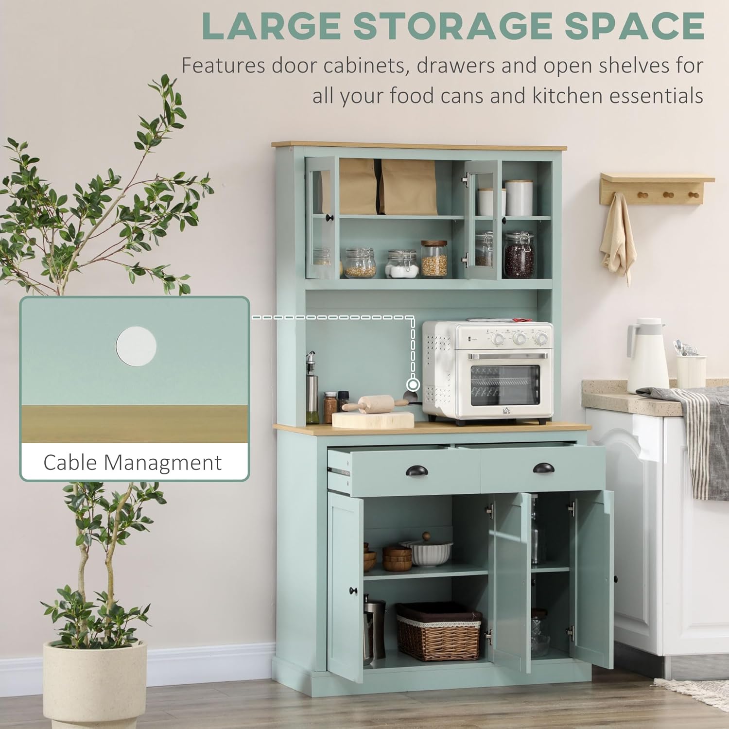 HOMCOM Kitchen Pantry Storage Cabinet with Microwave Stand, 71" Modern Kitchen Hutch with Open Countertop, Glass Doors, Storage Drawers and Adjustable Shelves for Dining Room, Coffee Bar, Light Green