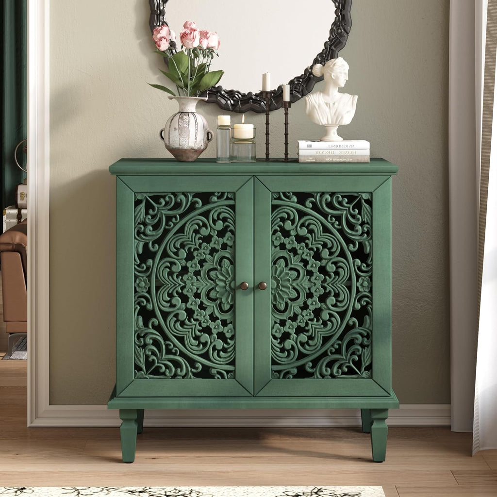 Sideboard Buffet Cabinet with Storage, Accent Cabinet with 2 Carved Doors and Adjustable Shelf, Farmhosue Console Table with Solid Wood Legs, Symmetrical Floral Design, Antique Green