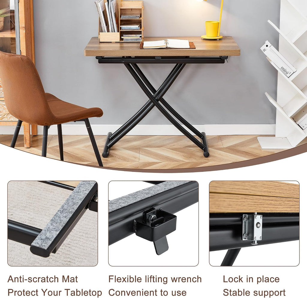 Multifunctional Folding Table - Lift Top Coffee to Dining Table, Height Adjustable, Wooden Surface & Metal Legs, Modern for Small Spaces (Living/Dining/Kitchen) (Wooden)