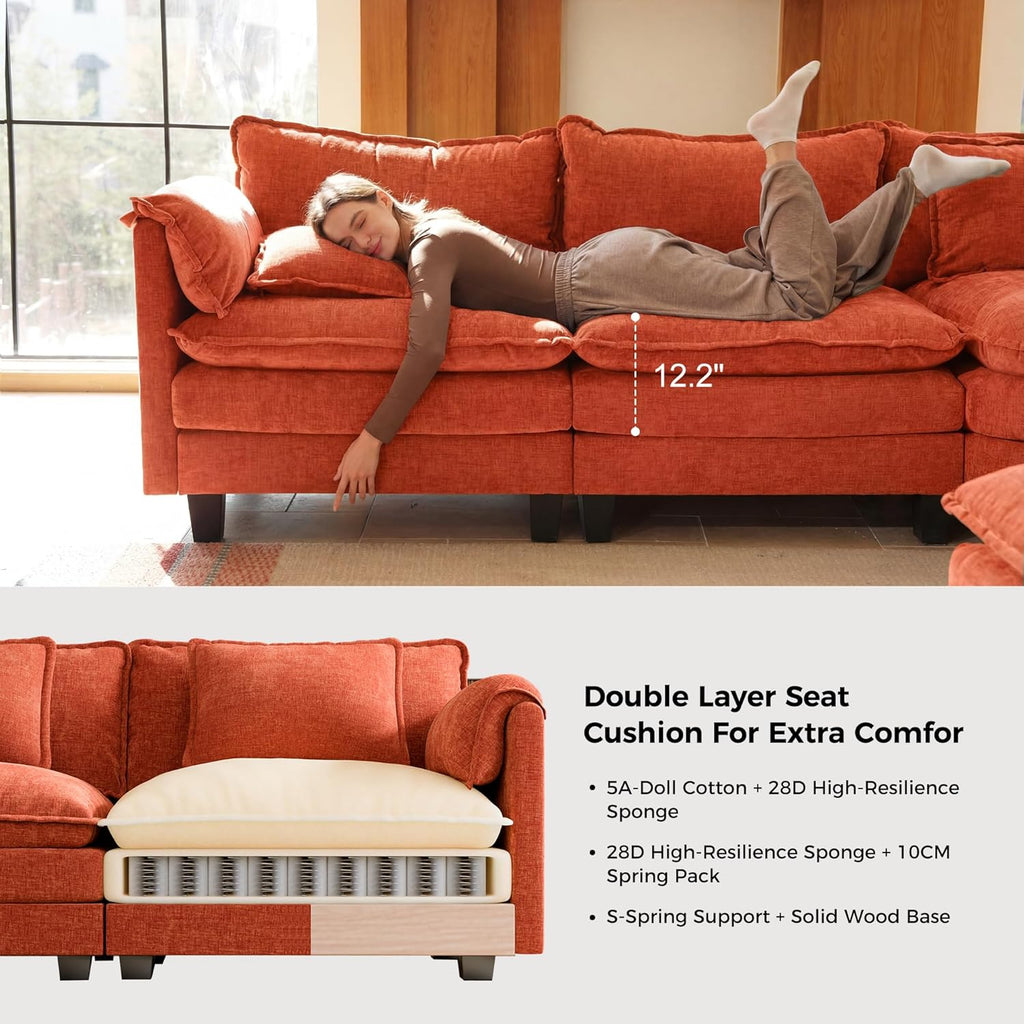 ELUCHANG 114" Oversized Modular Sectional Sofa, Comfy Chenille Cloud Couch, 7-Seater V Shaped Modern Deep Seat Sofa w/Removable Covers for Living Room, Bedroom, DIY Combination - Terracotta