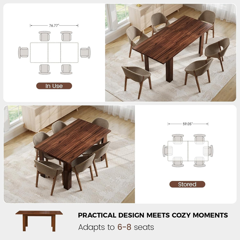 Miereirl 59"–77" Extendable Farmhouse Dining Table for 6–8, Space-Saving Rectangular Kitchen Table with Easy Pull-Out Extension for Family Meals, Work & Everyday Use (Walnut)