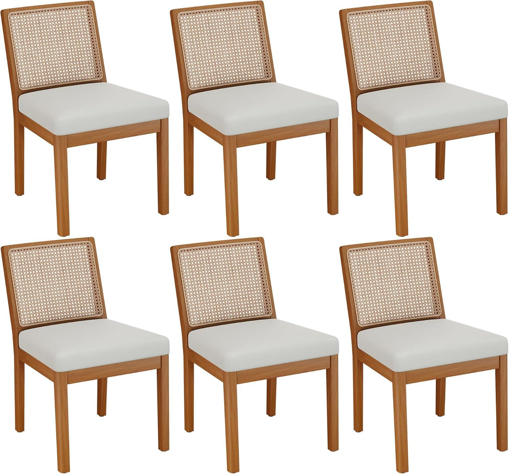 Andeworld Farmhouse Natural Rattan Dining Chairs Set of 6, Upholstered Mid Century Modern Kitchen Dining Room Side Chairs, Armless Faux Leather Kitchen Chairs with Wood Frame, Beige