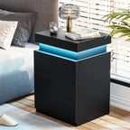 ADORNEVE Black Nightstand with Charging Station and LED Lights | Modern Night Stand with Sliding Top,Bedside Table with Drawers,Bed Side Tables Bedroom