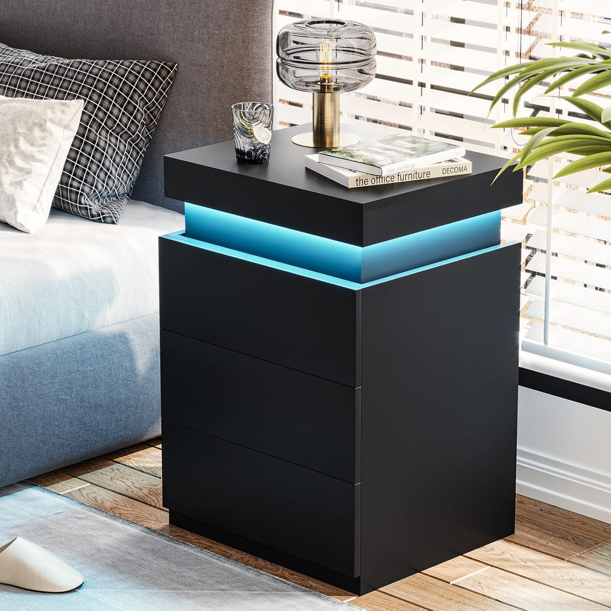 ADORNEVE Black Nightstand with Charging Station and LED Lights | Modern Night Stand with Sliding Top,Bedside Table with Drawers,Bed Side Tables Bedroom