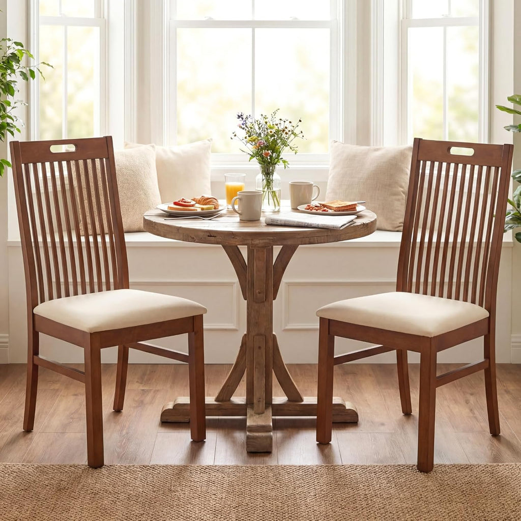 CIMOTA Walnut Wood Dining Chairs Set of 2, Farmhouse Wooden Kitchen Chairs with Spindle Slat High Back/Upholstered Seat Traditional Windsor Side Chairs for Dining Room/Living Room/Restaurant