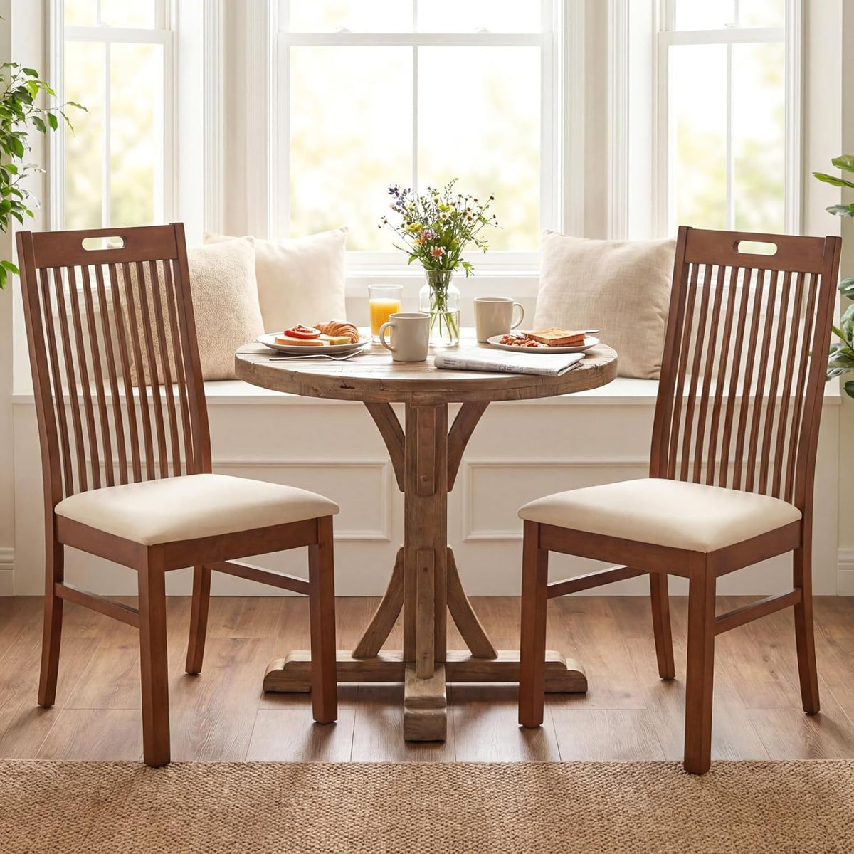 CIMOTA Walnut Wood Dining Chairs Set of 2, Farmhouse Wooden Kitchen Chairs with Spindle Slat High Back/Upholstered Seat Traditional Windsor Side Chairs for Dining Room/Living Room/Restaurant