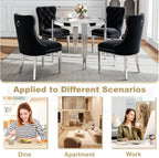 Luxury Round Glass Silver Dining Table Set for 4, 5-Piece Modern Kitchen Table Set with 4 Black Velvet Chairs for Kitchen Dining Room Apartment