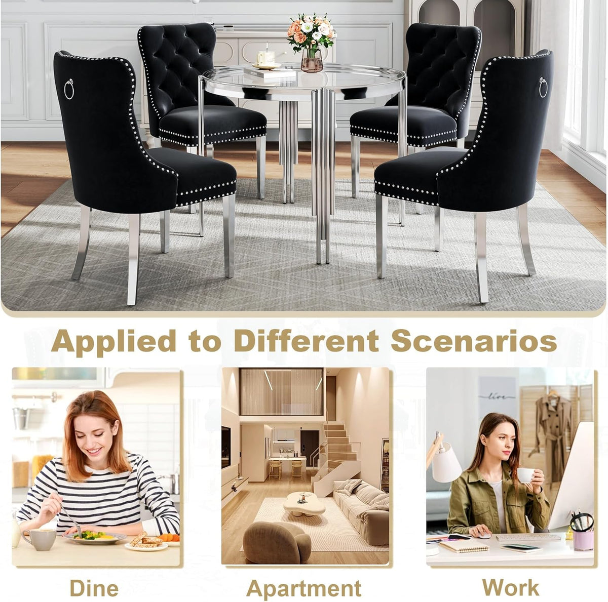 Luxury Round Glass Silver Dining Table Set for 4, 5-Piece Modern Kitchen Table Set with 4 Black Velvet Chairs for Kitchen Dining Room Apartment
