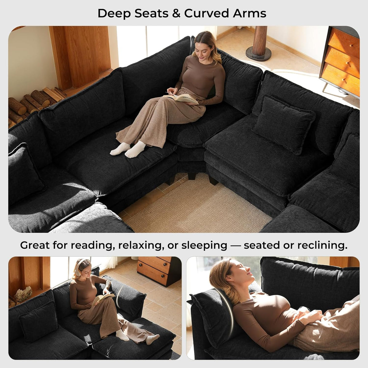 ELUCHANG 114" Oversized V-Shaped Cloud Couch Modular Sectional Sofa with Throw Pillows, 6-Seats w/Corner Comfy Double Layer Upholstered Deep Sofa for Living Room, DIY Combination, Chenille Black