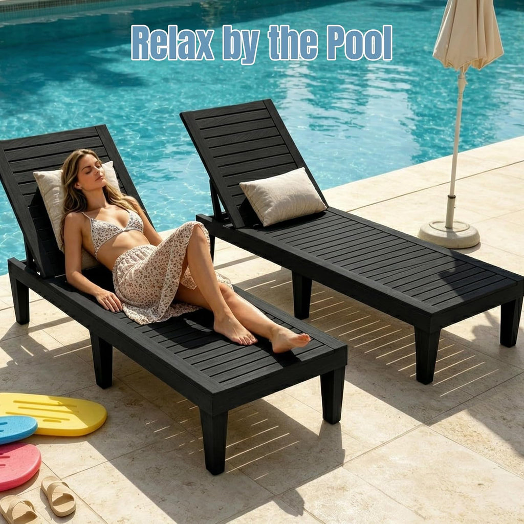 Lounge Chair Outdoor,Set of 2 All-Weather UV-Resistant & Waterproof Patio Lounge Chairs,High-Impact PP 5 Position Adjustable Tanning Chair,Heavy Duty Pool Lounge Chairs Great for Pool & Yard,Black