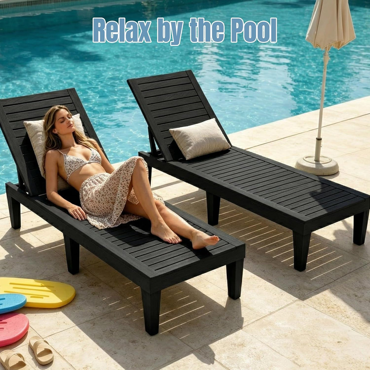 Lounge Chair Outdoor,Set of 2 All-Weather UV-Resistant & Waterproof Patio Lounge Chairs,High-Impact PP 5 Position Adjustable Tanning Chair,Heavy Duty Pool Lounge Chairs Great for Pool & Yard,Black
