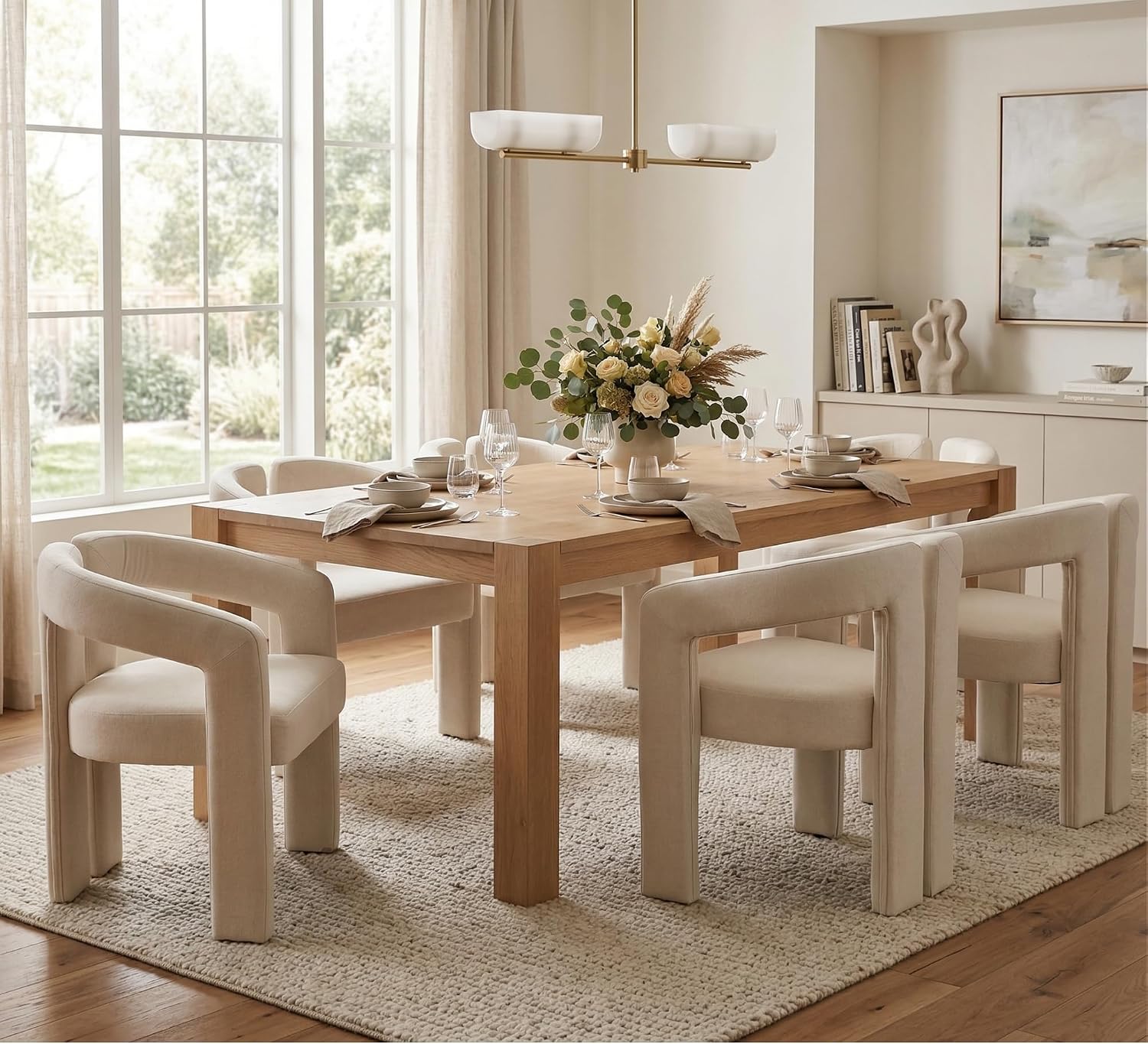 Hyfirm Upholstered Linen Barrel Dining Chairs Set of 6, Modern Accent Kitchen Chairs with Arms Comfy Side Chairs with Arms for Dining Room Bedroom Vanity Reception, Beige