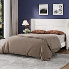IDEALHOUSE Queen Size Bed Frame, Velvet Bed with Wingback Headboard, White