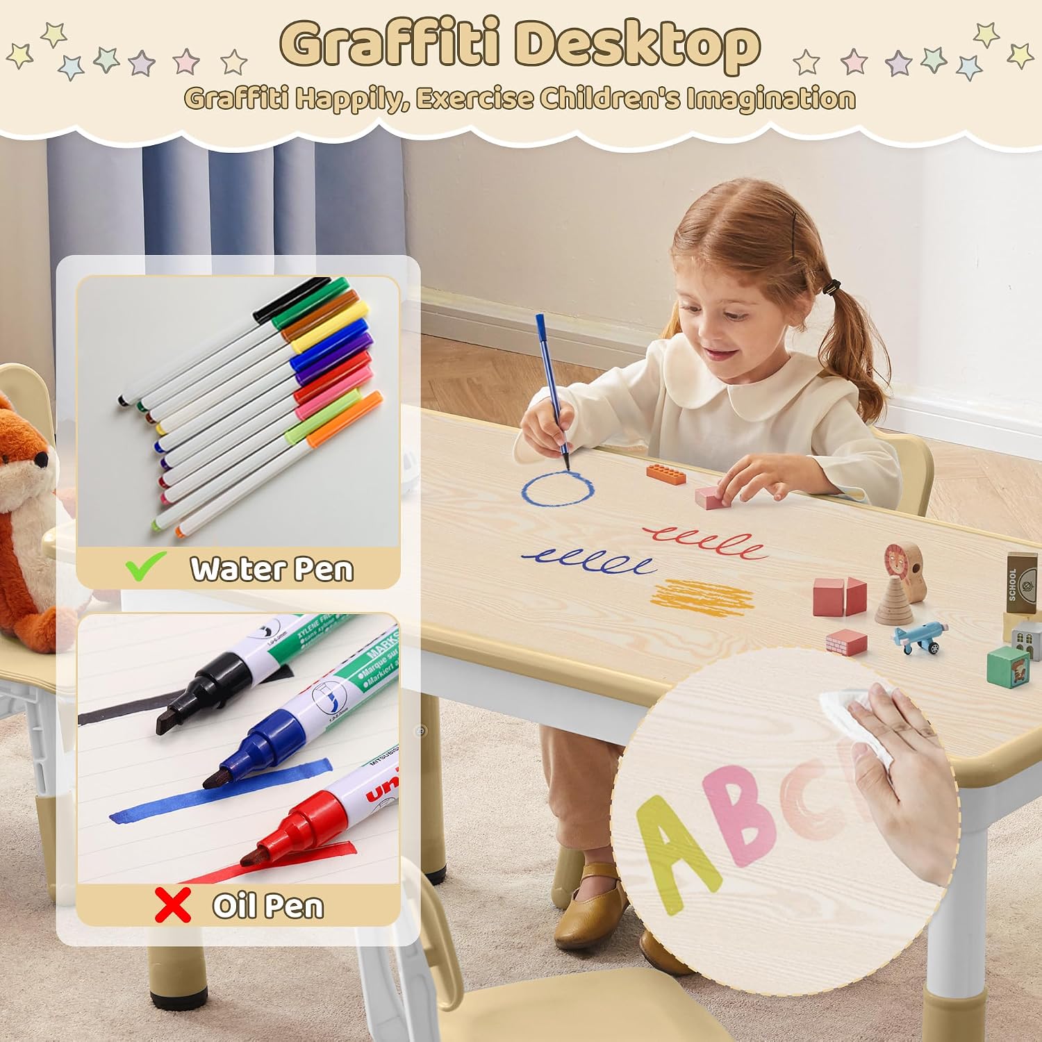 DOREROOM Adjustable Kids Table & 2 Chairs Set, 31.5" L x 23.6" W, Beige-W | Graffiti Desktop,Table Supports 300 lbs,Toddler Ages 2-8，FSC-certified, Children Activity Table for Daycare, Classroom, Home