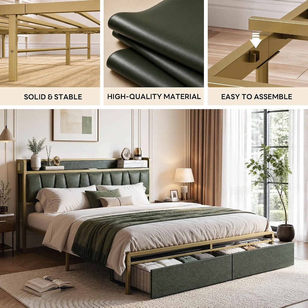 LIKIMIO King Size Bed Frame with 2 Drawers and Charging Station