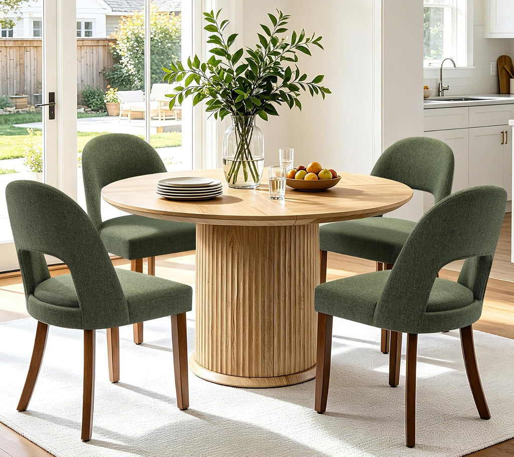 Wooden Dining Chairs Set of 4, Upholstered Kitchen Chairs with Walnut Wood Legs and Curved Linen Fabric Backrest, Modern Farmhouse Dining Room Chairs for Kitchen Dining Vanity, Green