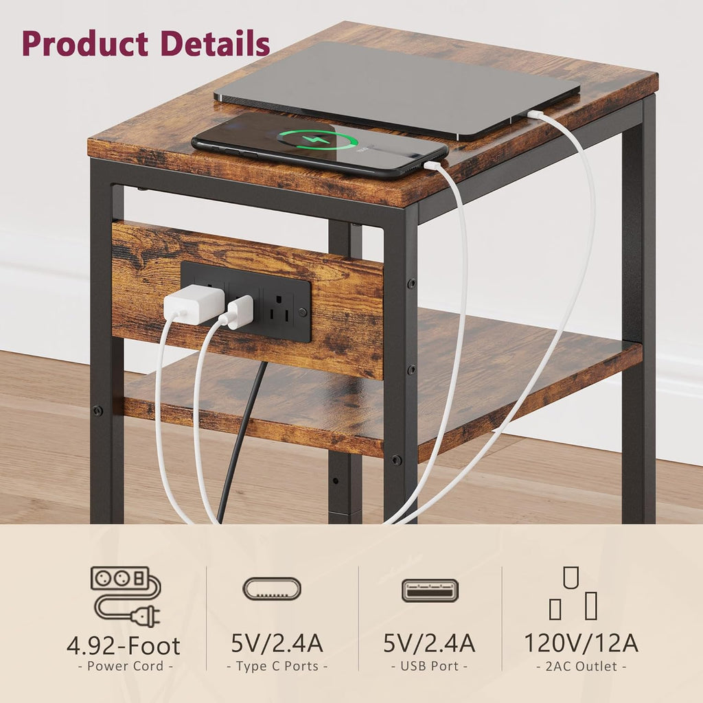 Side Table with Charging Station, Nightstand with USB Ports and Outlets, Tall Side Table with 3 Storage Shelves, Small Entry Table for Living Room, Bedroom, Sofa Couch, Hallway, Office, Rustic Brown