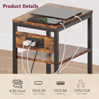 Side Table with Charging Station, Nightstand with USB Ports and Outlets, Tall Side Table with 3 Storage Shelves, Small Entry Table for Living Room, Bedroom, Sofa Couch, Hallway, Office, Rustic Brown