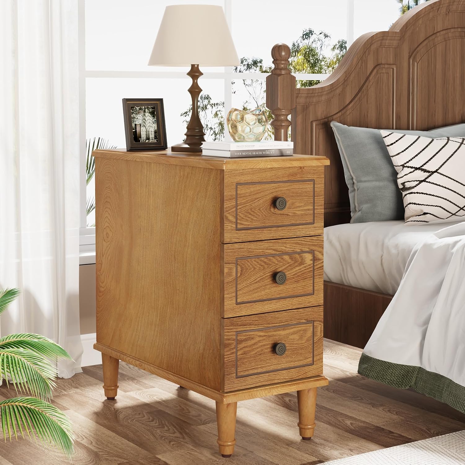 Tribesigns Solid Wood End Table, Fully Assembled Narrow Side Table with Drawers, Pre-Assembled Nightstand Slim Bedside Table for Small Spaces, Living Room, Bedroom, Wood
