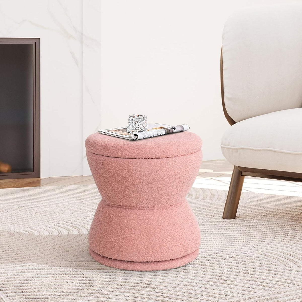 EazeHome Round Ottoman with Storage, 360° Swivel Boucle Ottoman Vanity Stool, Upholstered Footstool with Storage Removable Lid, Modern Footrest Coffee Table for Living Room, Dorm, Makeup Room, Pink
