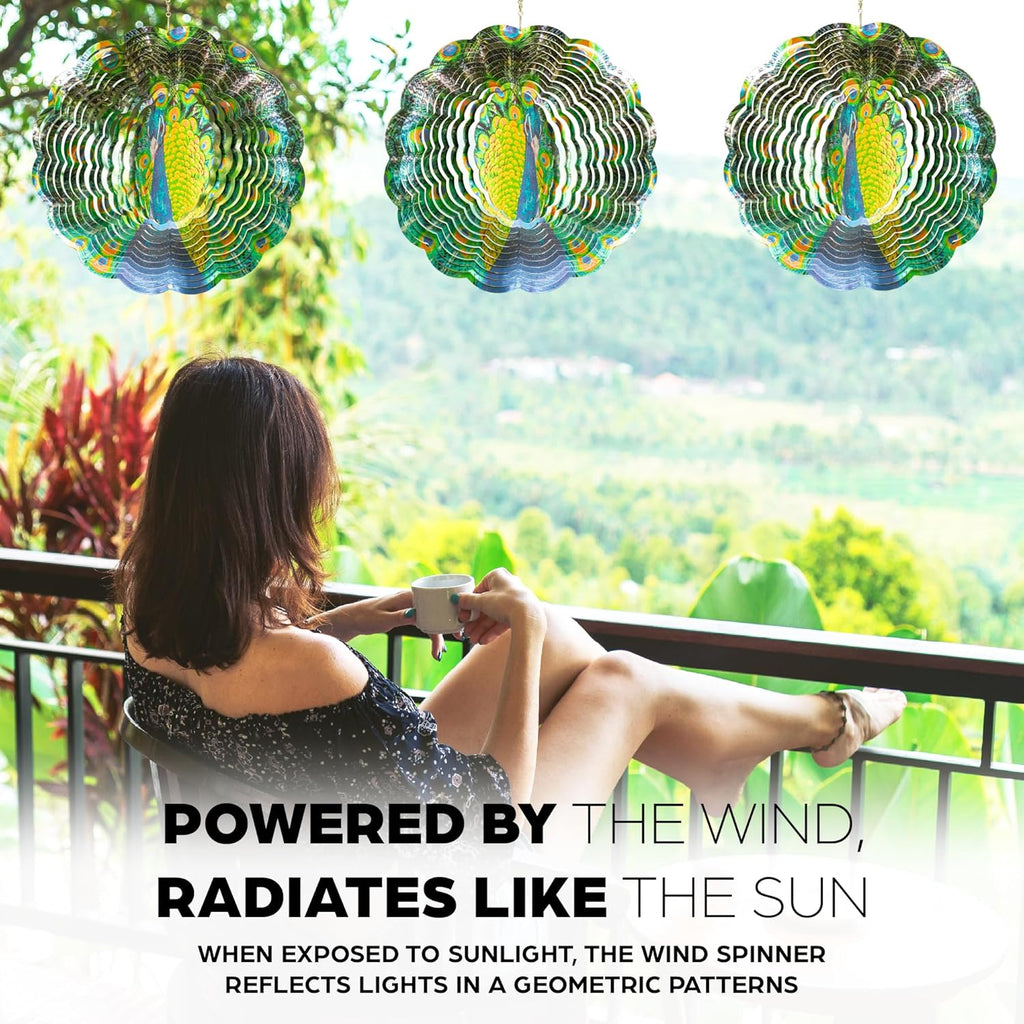 Skylar Peacock Wind Spinner, Stainless-Steel Garden Decor, 3D Wind Decoration with Holographic Effect, Unique 12-Inch Sun Catcher, Foldable Ornament, Support Hook Holes for Hanging, Hooks Not Included