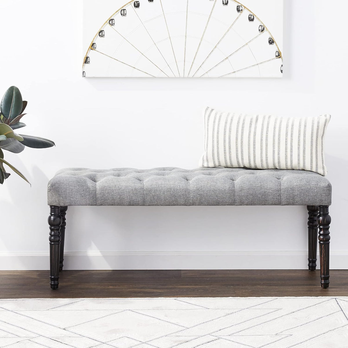 Roundhill Furniture Leviton Fabric Tufted Turned Leg Dining Bench, gray