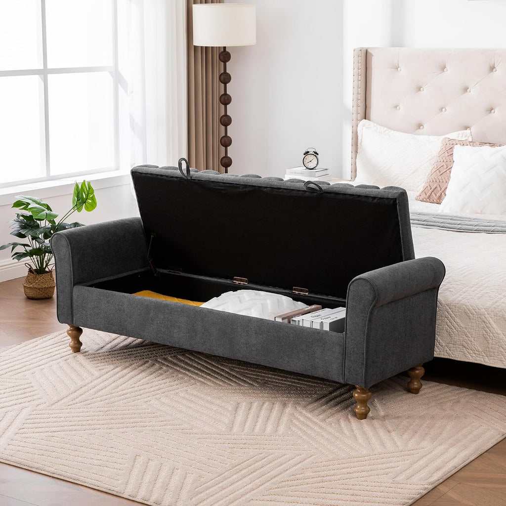 65" Bench with Storage, End of Bed Bench with Rolled Arms, Upholstered Bedroom Bench with Storages, Storage Ottoman Bench for Bedroom, Living Room, Entryway, Hallway, Dormitory, Foot Rest, Charcoal