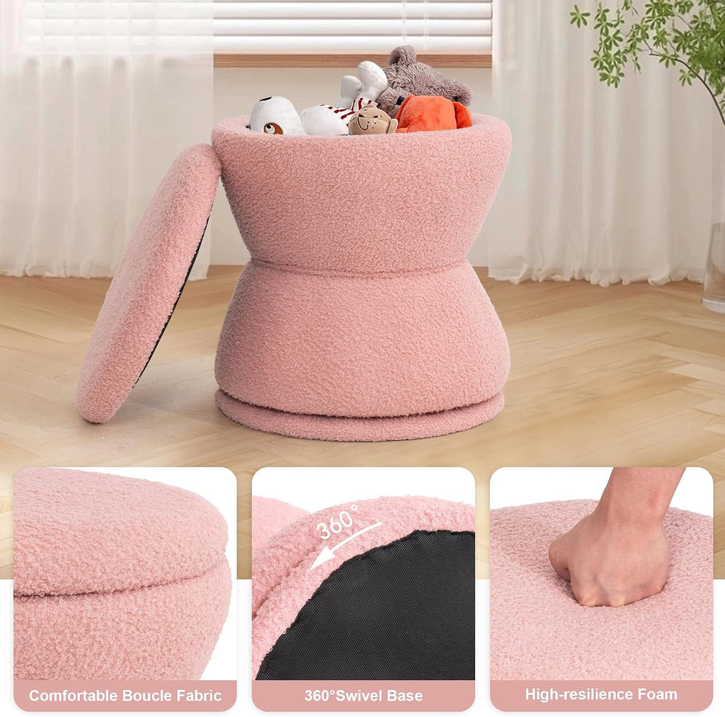 DHMAKER Round Storage Ottoman, Swivel Teddy Vanity Stool Chiar,Modern Sherpa Footstool, Makeup Chair Upholstered Footrest for Living Room, Bedroom, Entryway,Pink