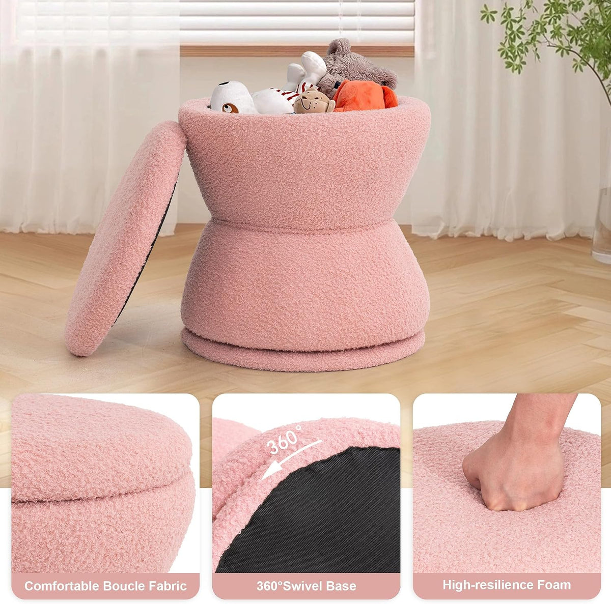DHMAKER Round Storage Ottoman, Swivel Teddy Vanity Stool Chiar,Modern Sherpa Footstool, Makeup Chair Upholstered Footrest for Living Room, Bedroom, Entryway,Pink