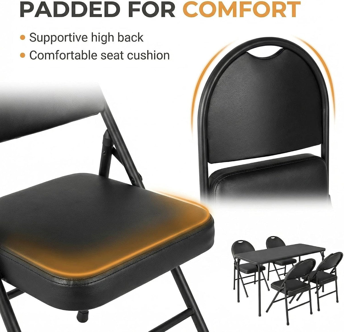 IDEALHOUSE 5 Piece Protable Folding Card Table and Chairs Set, Black | Foldable PU Upholstered Table and Chairs Set of 5, Metal Frame, for Dining Room, Living Room, Office, Camping