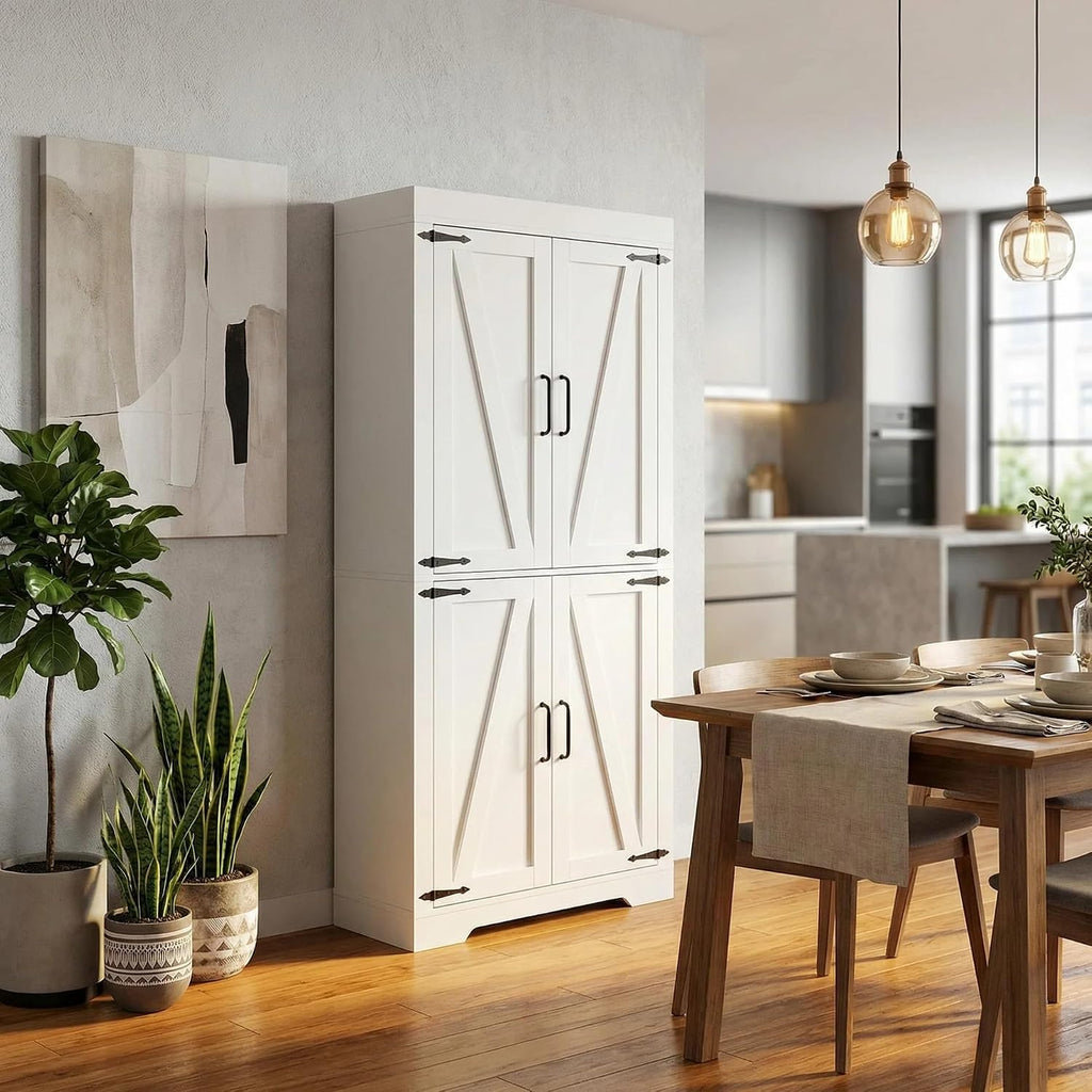Homy Casa Farmhouse Kitchen Pantry Storage Cabinet, White Barn Door, 4-Door and 2 Shelves for Large Storage, 39 x 34 x 68.1 in，Standing Storage for Kitchen, Bathroom, Garage, Dinning Room Utility Room