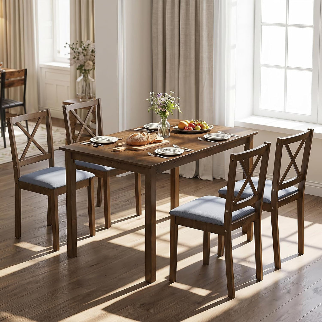 Giantex Dining Table Set for 4, Wood Kitchen Table with Upholstered Chairs | Farmhouse Space-Saving Dinette Set with X-Shaped Backrest for Small Space, Breakfast Nook, Dining Room
