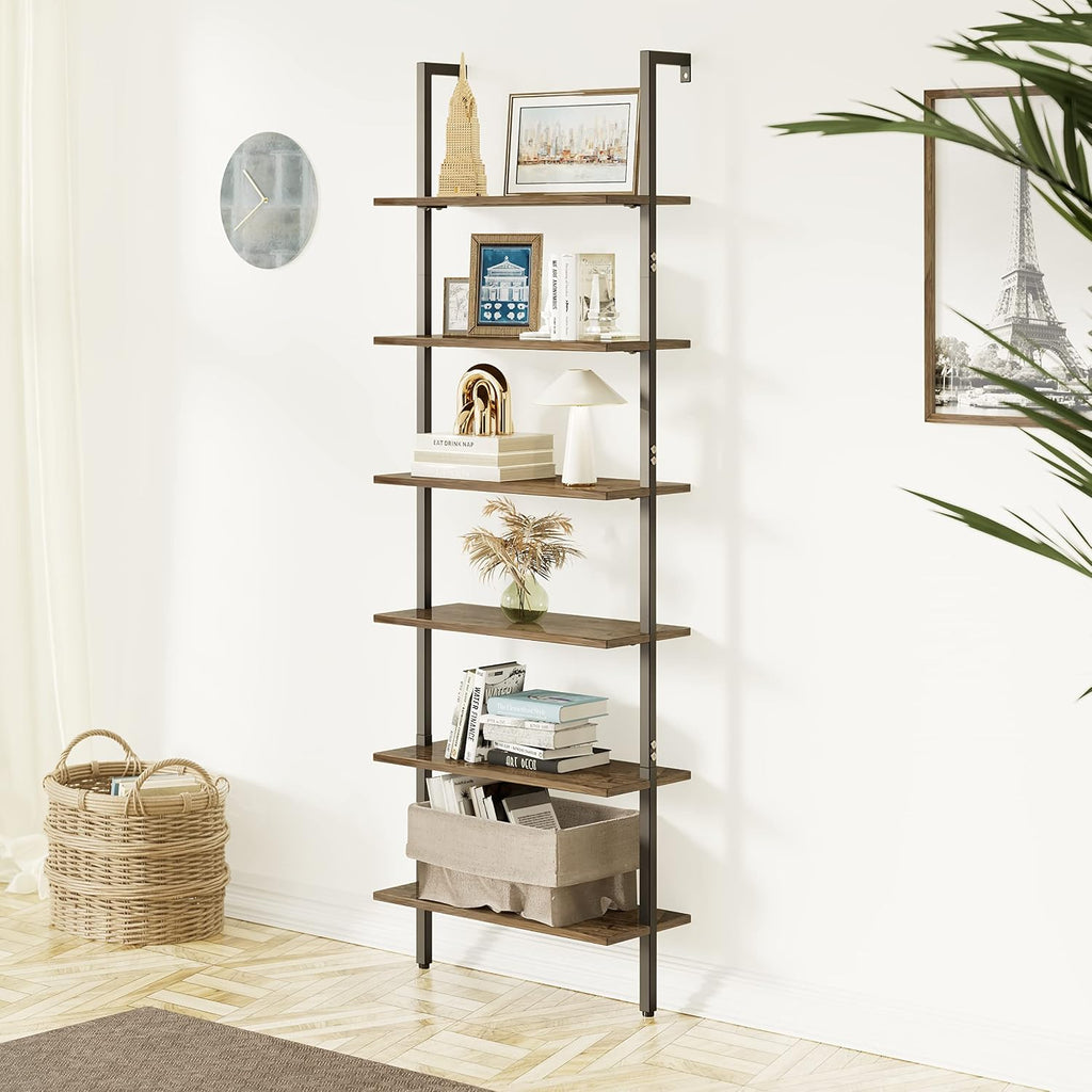 Wolawu Ladder Shelf Black 6 Tiers Modern Bookshelf Room Organizer Open Tall Wall Mount Bookcase Standing Leaning Wall Shelves Industrial Decorative Living Room Bed Room (Brown)