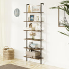 Wolawu Ladder Shelf Black 6 Tiers Modern Bookshelf Room Organizer Open Tall Wall Mount Bookcase Standing Leaning Wall Shelves Industrial Decorative Living Room Bed Room (Brown)