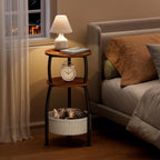 Round Side Table for Small Spaces with Storage Basket –Small End Table 3-Tier Night Stand Sofa Corner Table for Living Room, Bedroom, Patio and More 24in Tall Rustic Brown