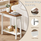 ChooChoo Wedge End Table, Narrow Triangle Side Table with 2-Tier Storage Shelf, Fluted Recliner Side Table for Corner, Living Room, Bedroom, Small Space, White