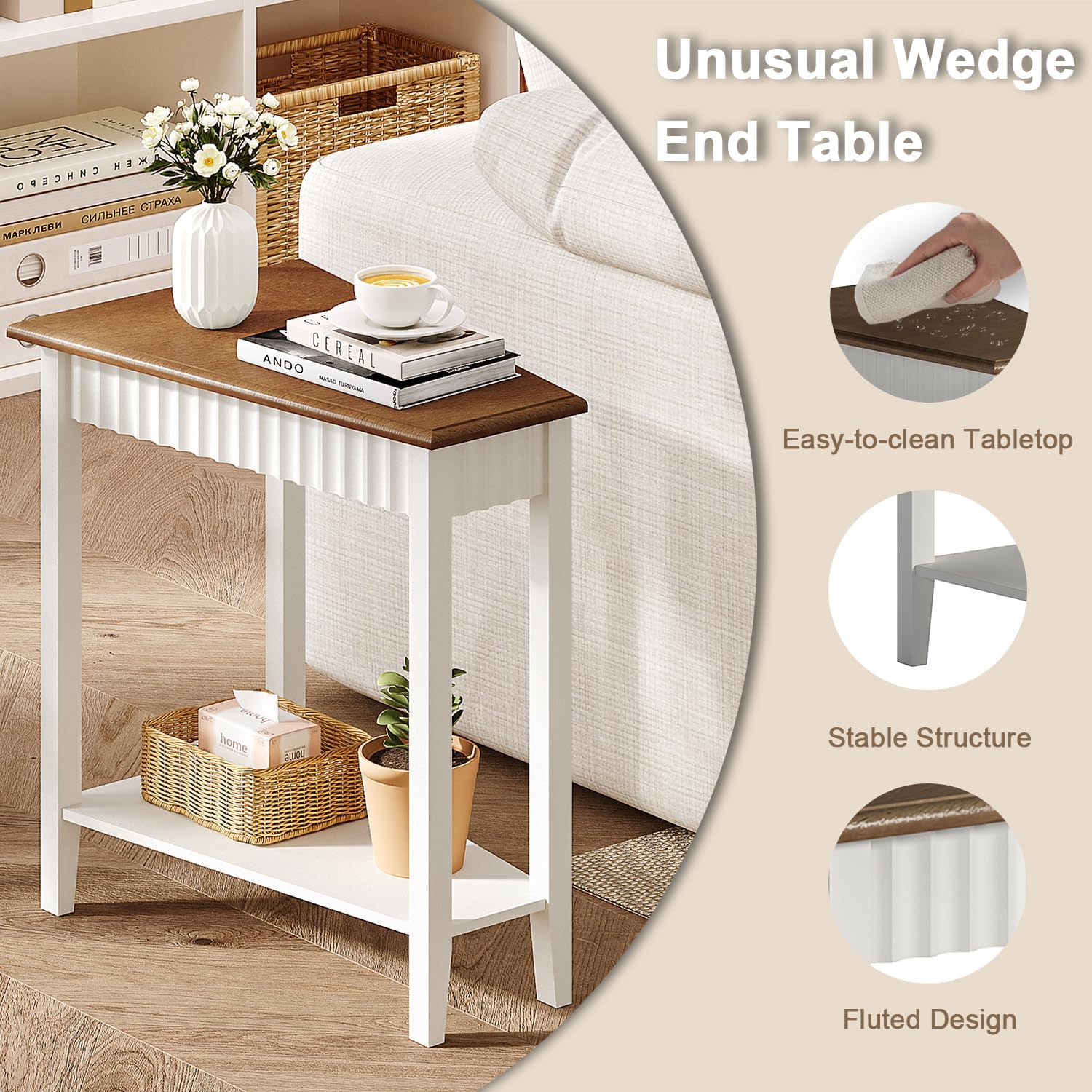 ChooChoo Wedge End Table, Narrow Triangle Side Table with 2-Tier Storage Shelf, Fluted Recliner Side Table for Corner, Living Room, Bedroom, Small Space, White