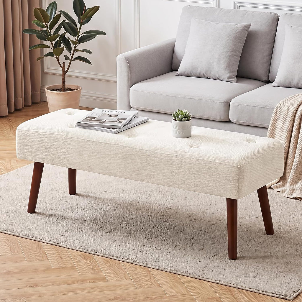 Furniliving 44 Inch Bedroom Bench, Modern Ottoman End of Bed Bench, Upholstered Chenille Padded Benches Ottoman Bench with Wooden Legs for Living Room Hallway, Kitchen, Entryway, Beige