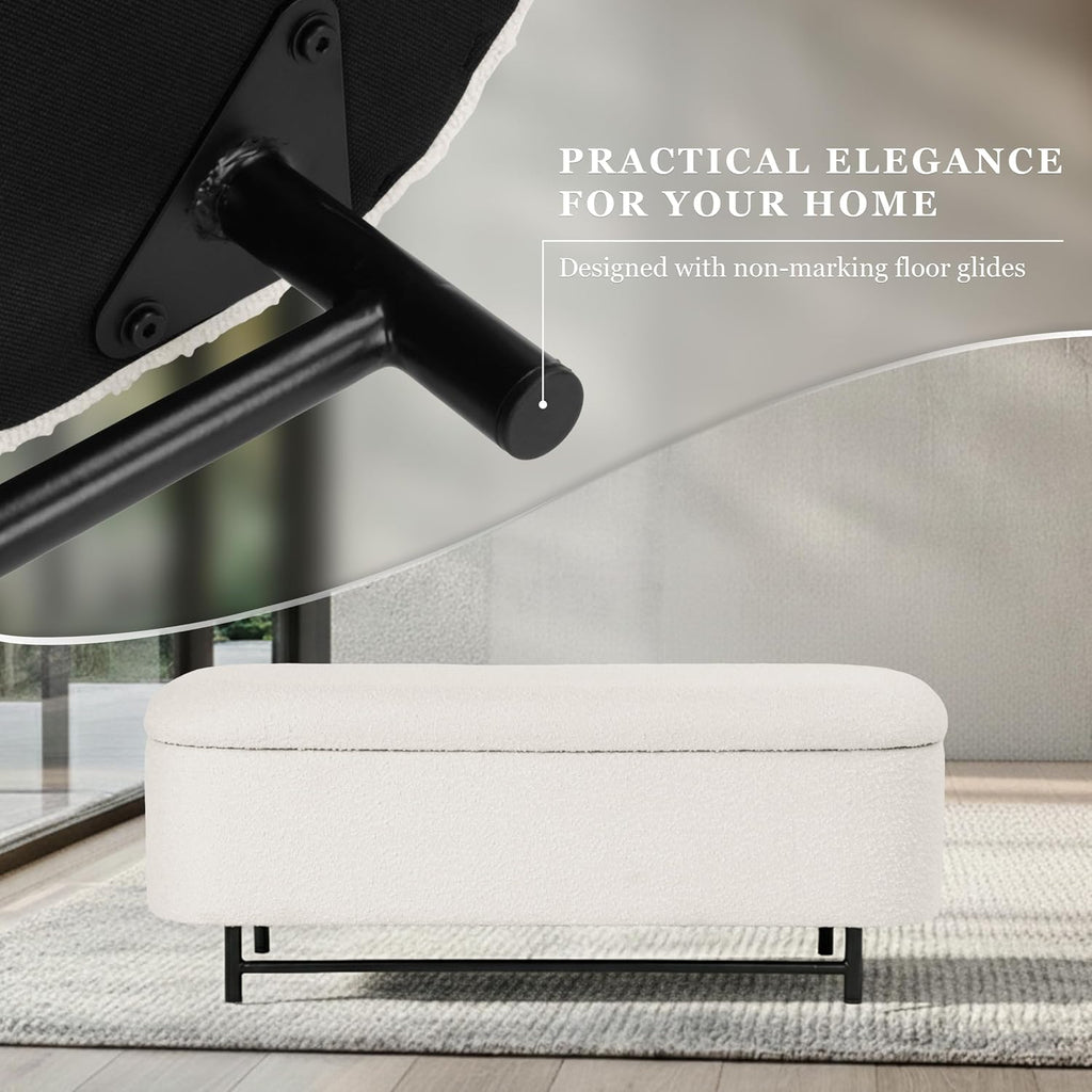 HomePop Ellipse Modern Storage Bench with Metal Legs |Homepop Home Décor|Bench with Storage for Living Room & Bedroom - Cream Boucle