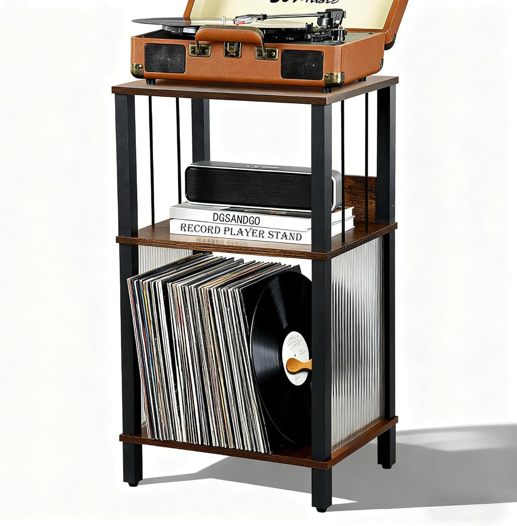 DGSANDGO Mid-Century Now Playing Vinyl Record Stand, Record Player Stand, End Table with Charging Station, 3 Tier Rustic Brown w/Guard Rails, Holds 100 Vinyl Albums, for Living Room Bedroom Office