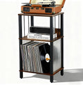 DGSANDGO Mid-Century Now Playing Vinyl Record Stand, Record Player Stand, End Table with Charging Station, 3 Tier Rustic Brown w/Guard Rails, Holds 100 Vinyl Albums, for Living Room Bedroom Office