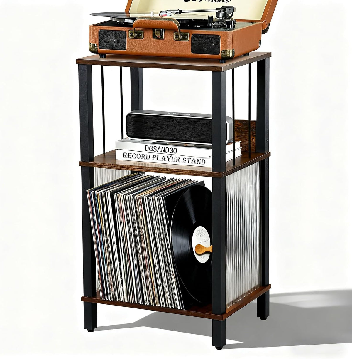 DGSANDGO Mid-Century Now Playing Vinyl Record Stand, Record Player Stand, End Table with Charging Station, 3 Tier Rustic Brown w/Guard Rails, Holds 100 Vinyl Albums, for Living Room Bedroom Office