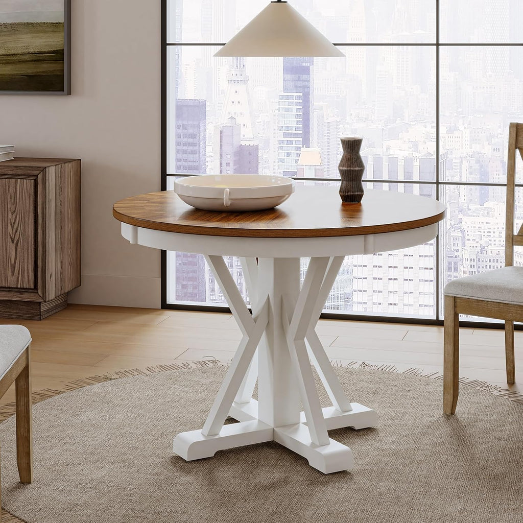 HULALA HOME Round Dining Table for 4, 42" Rustic Farmhouse Pedestal Table with White Brushed Finish, Solid Rubberwood Base(White)