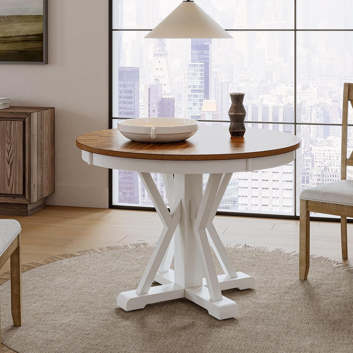 HULALA HOME Round Dining Table for 4, 42" Rustic Farmhouse Pedestal Table with White Brushed Finish, Solid Rubberwood Base(White)