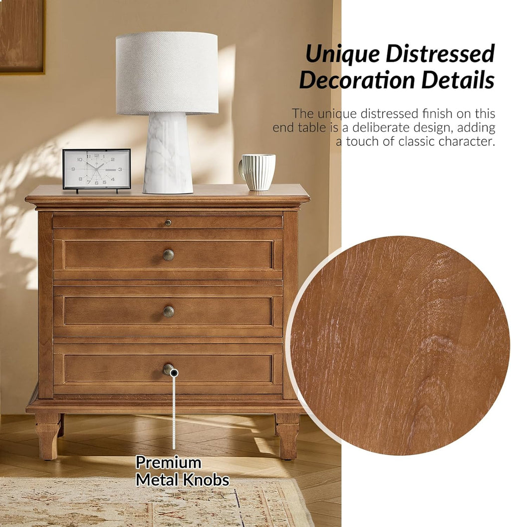 End Table Set of 2 with Charging Station, Solid Wood Organizer with 3 Drawers & Pull-Out Shelf, Farmhouse Bedside Table for Living Room, Acorn