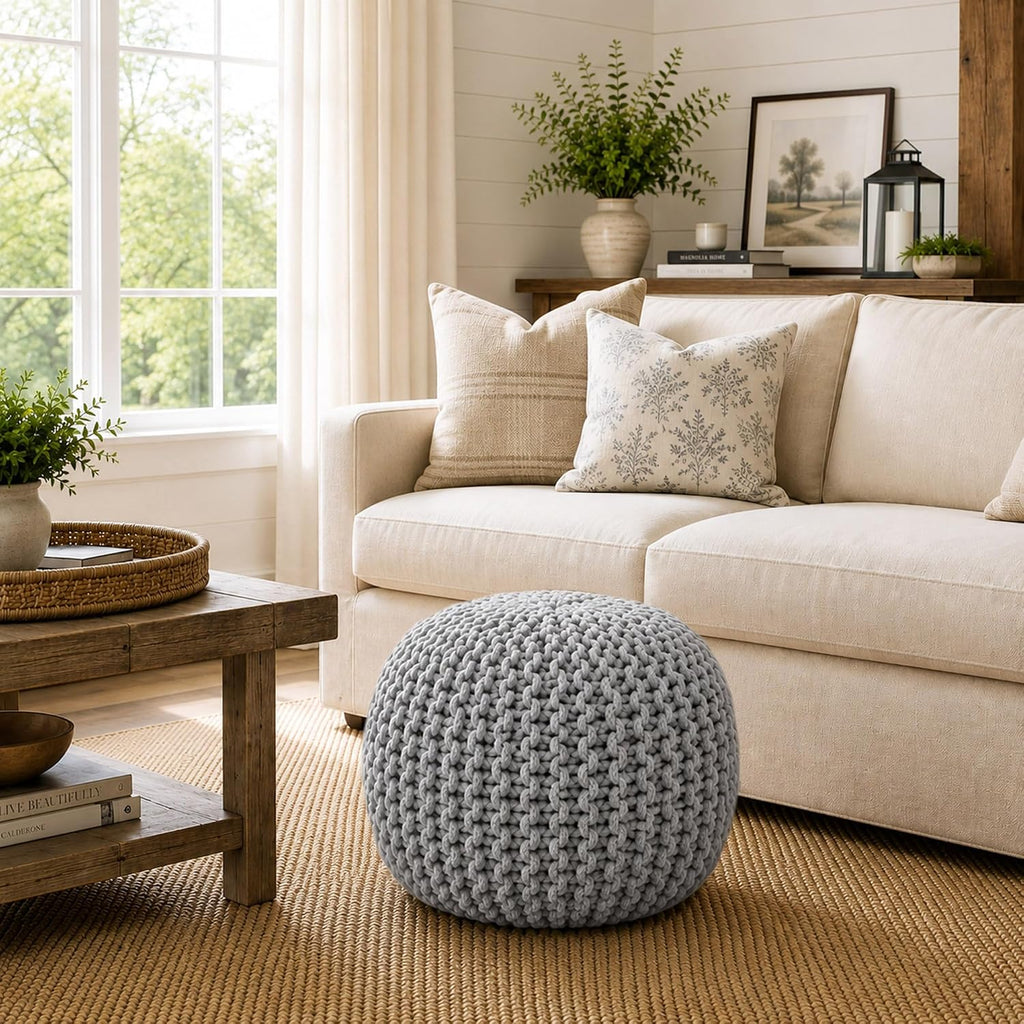 Casafield Round Pouf Ottoman, Light Gray - 20" Diameter x 14.5" High Cotton Knit Foot Stool - Boho Floor Pouffe for Living Room, Bedroom, Home Office